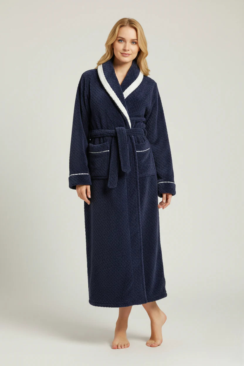 Robe de chambre femme polaire longue bleu marine à bordure blanche