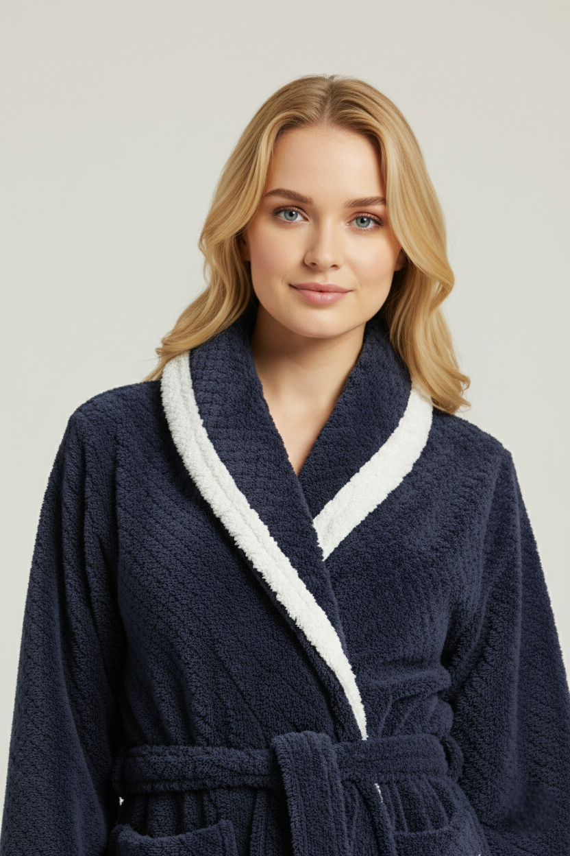Robe de chambre femme polaire longue bleu marine à liseré blanc