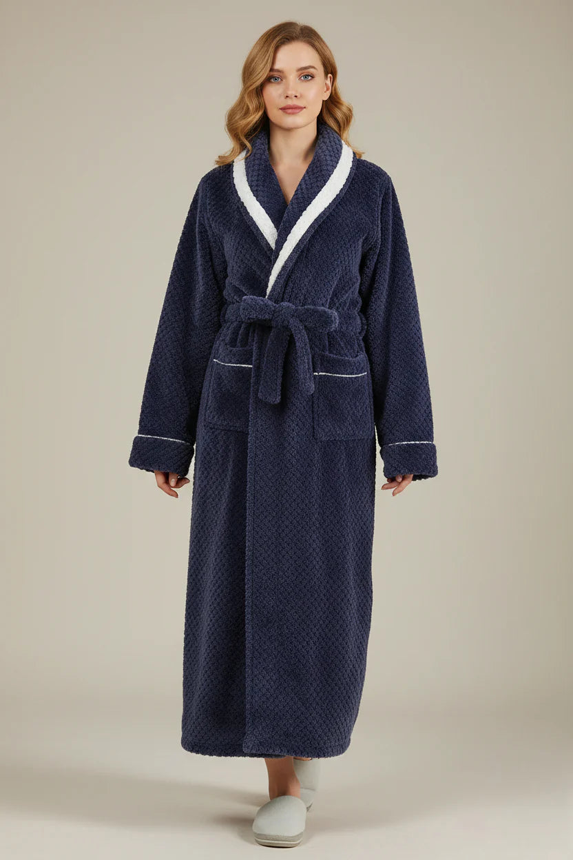 Robe de chambre femme polaire longue bleu marine à liseré blanc