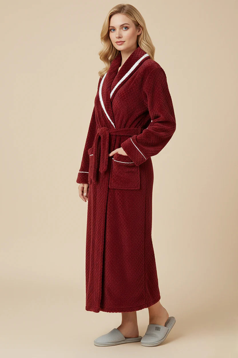 Robe de chambre femme polaire longue maroon à bordure blanche