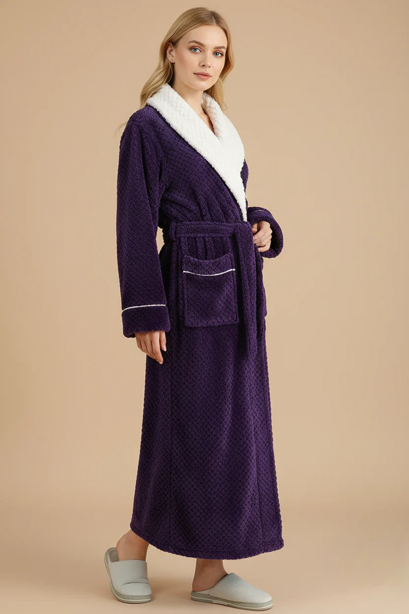 Robe de chambre femme polaire longue violette à col en fausse fourrure blanche