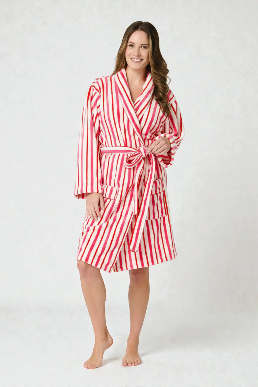 Robe de chambre femme rouge et blanc rayé, tissu doux moelleux