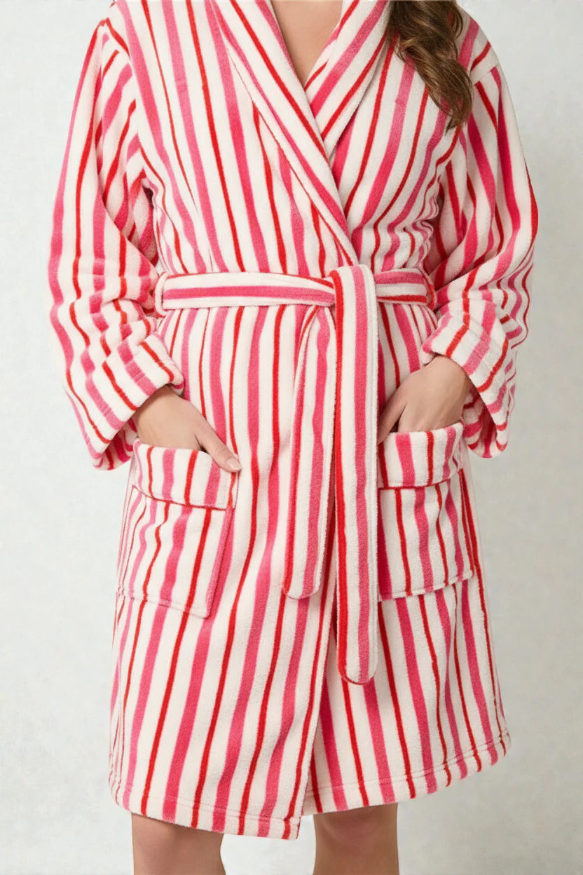 Robe de chambre femme rose et blanc rayé avec ceinture