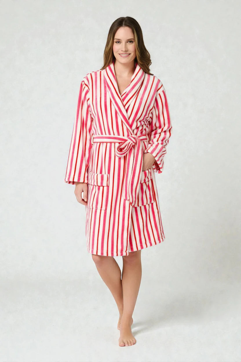 Robe de chambre femme rose et blanc rayé avec ceinture et poches