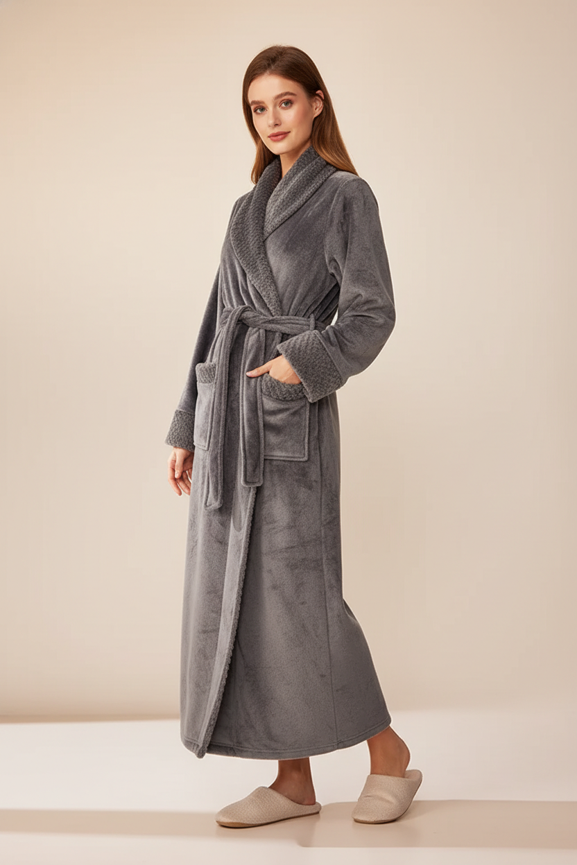 Robe de chambre femme en velours gris anthracite avec ceinture