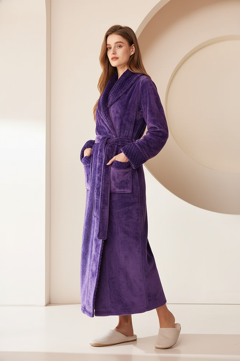 Robe de chambre femme velours violet à ceinture et poches