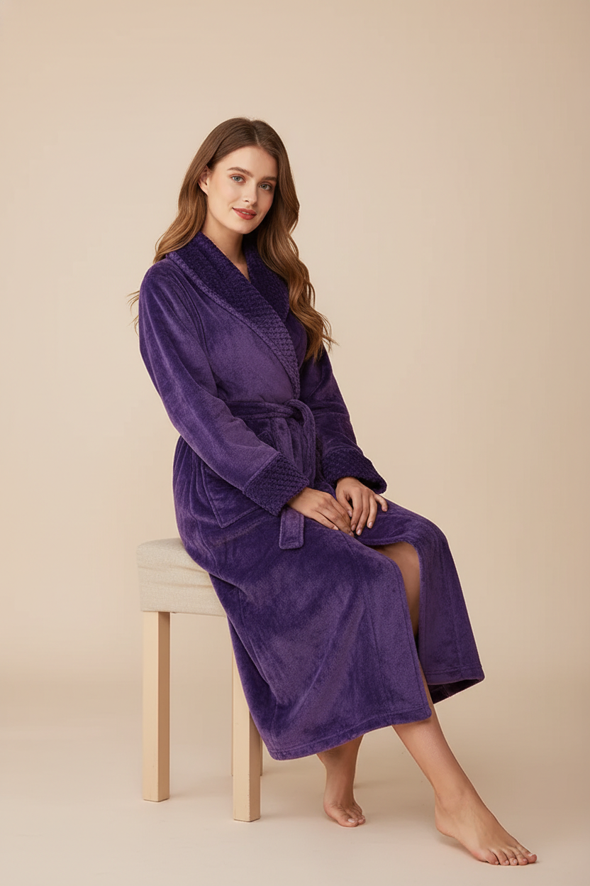Robe de chambre femme en velours violet profond avec ceinture et poignets côtelés