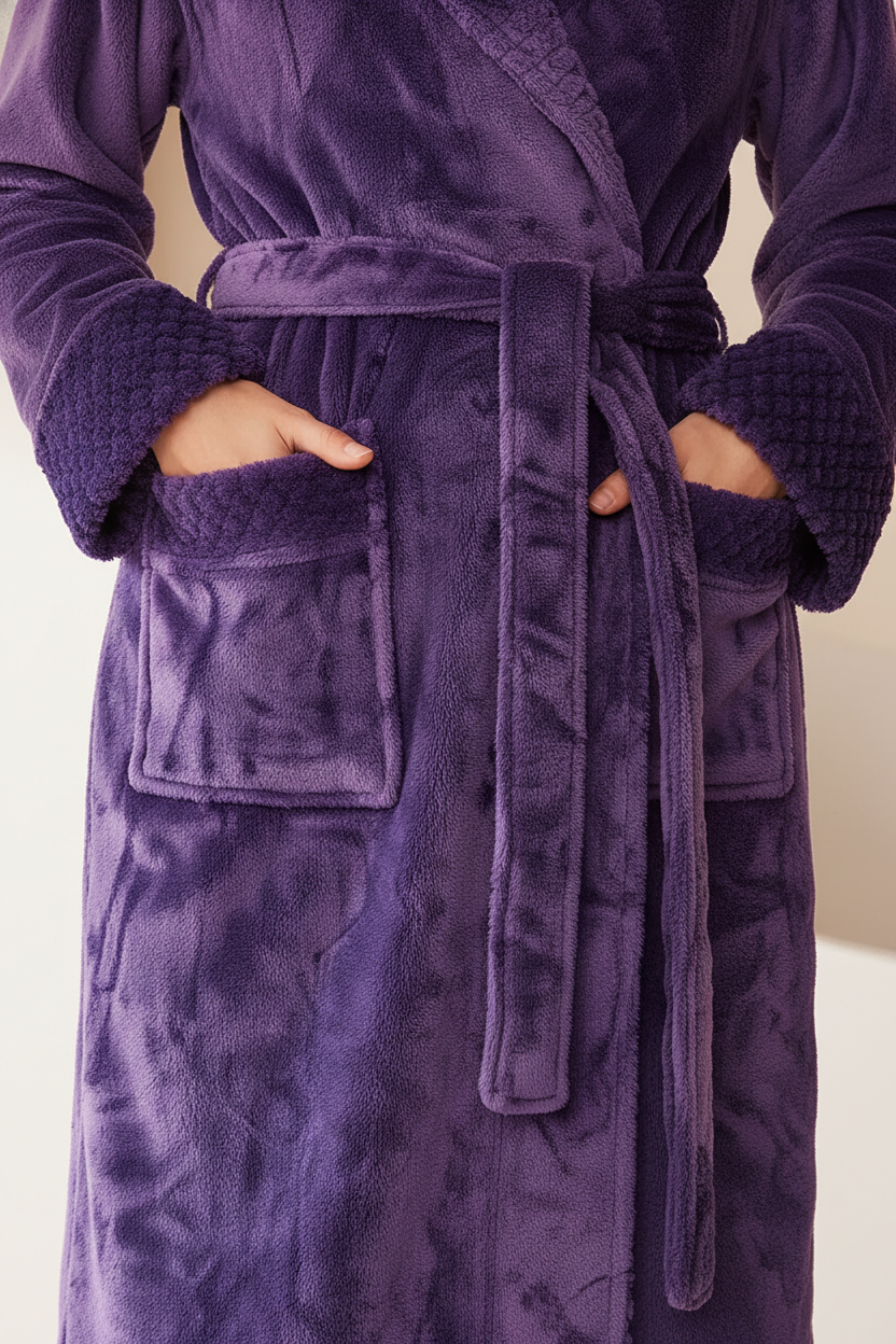 Robe de chambre femme velours violette en peluche avec ceinture et manchettes texturées