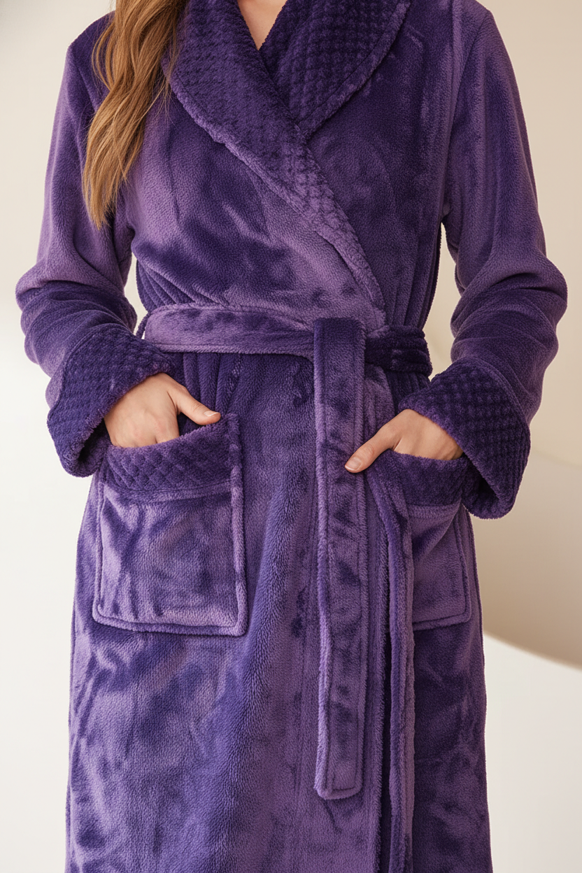 Robe de chambre femme en velours violet profond avec col et poignets texturés