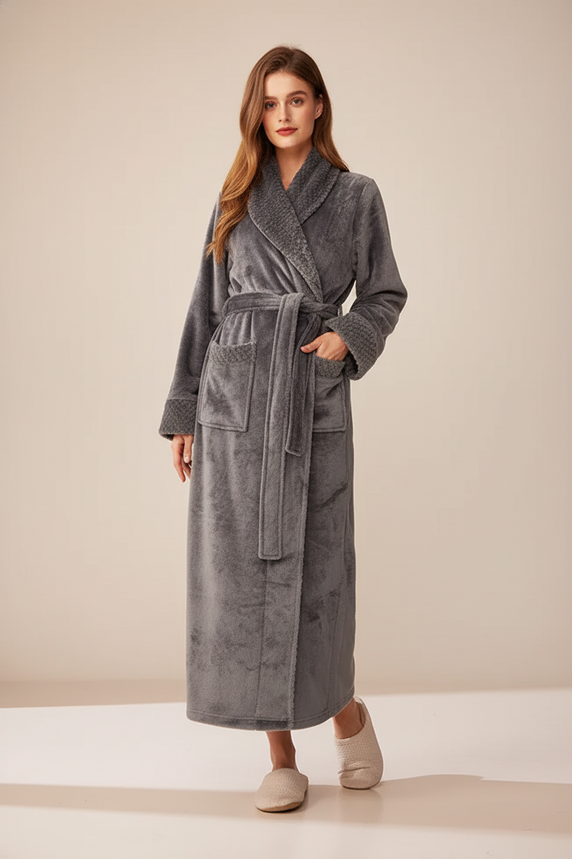 Robe de chambre femme en velours gris anthracite avec ceinture