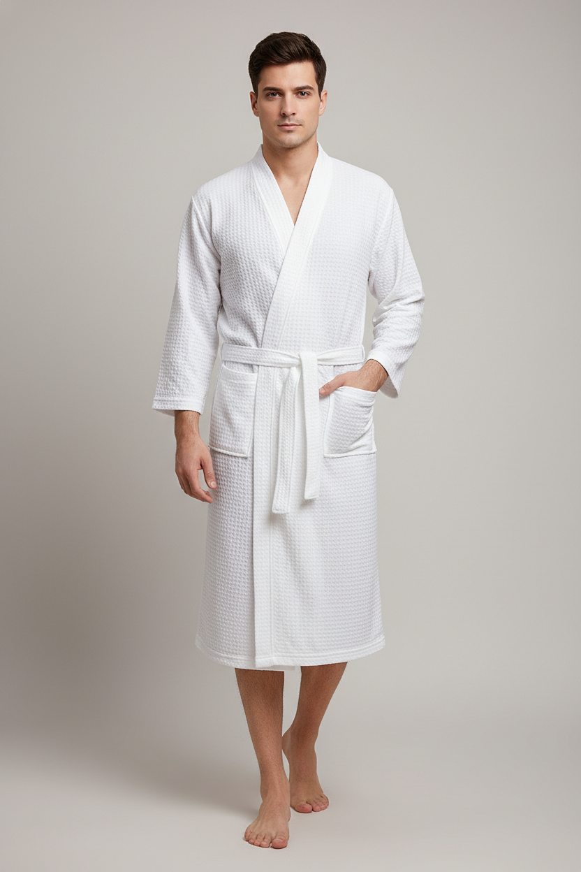 Robe de chambre gaufré homme blanc texturé, ceinture et poches