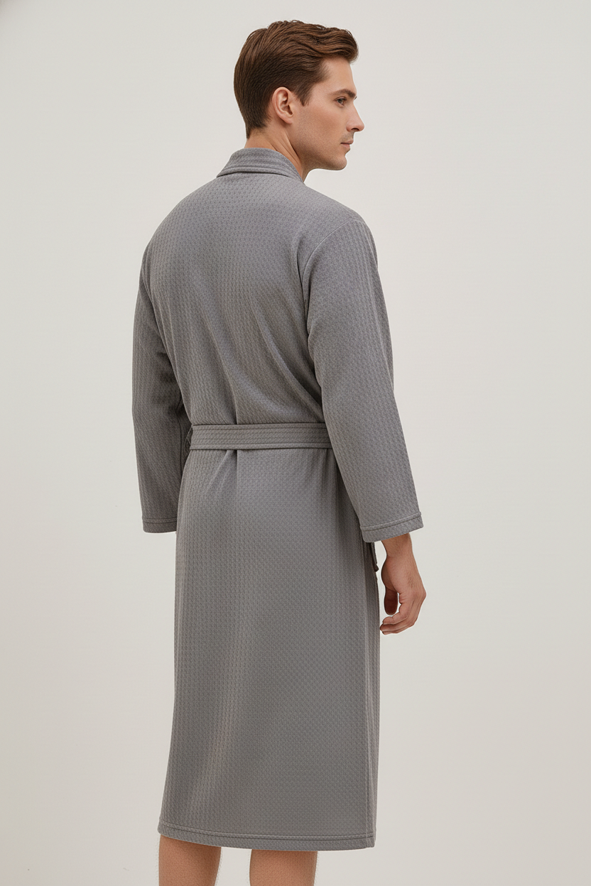 Robe de chambre gaufré homme gris en coton à côtes avec ceinture assortie