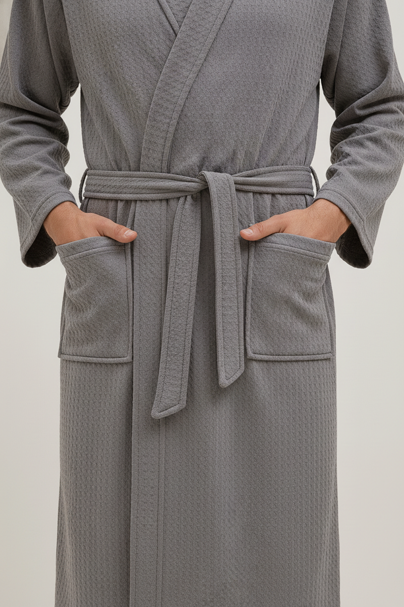 Robe de chambre gaufré homme grise texturée avec ceinture et poches