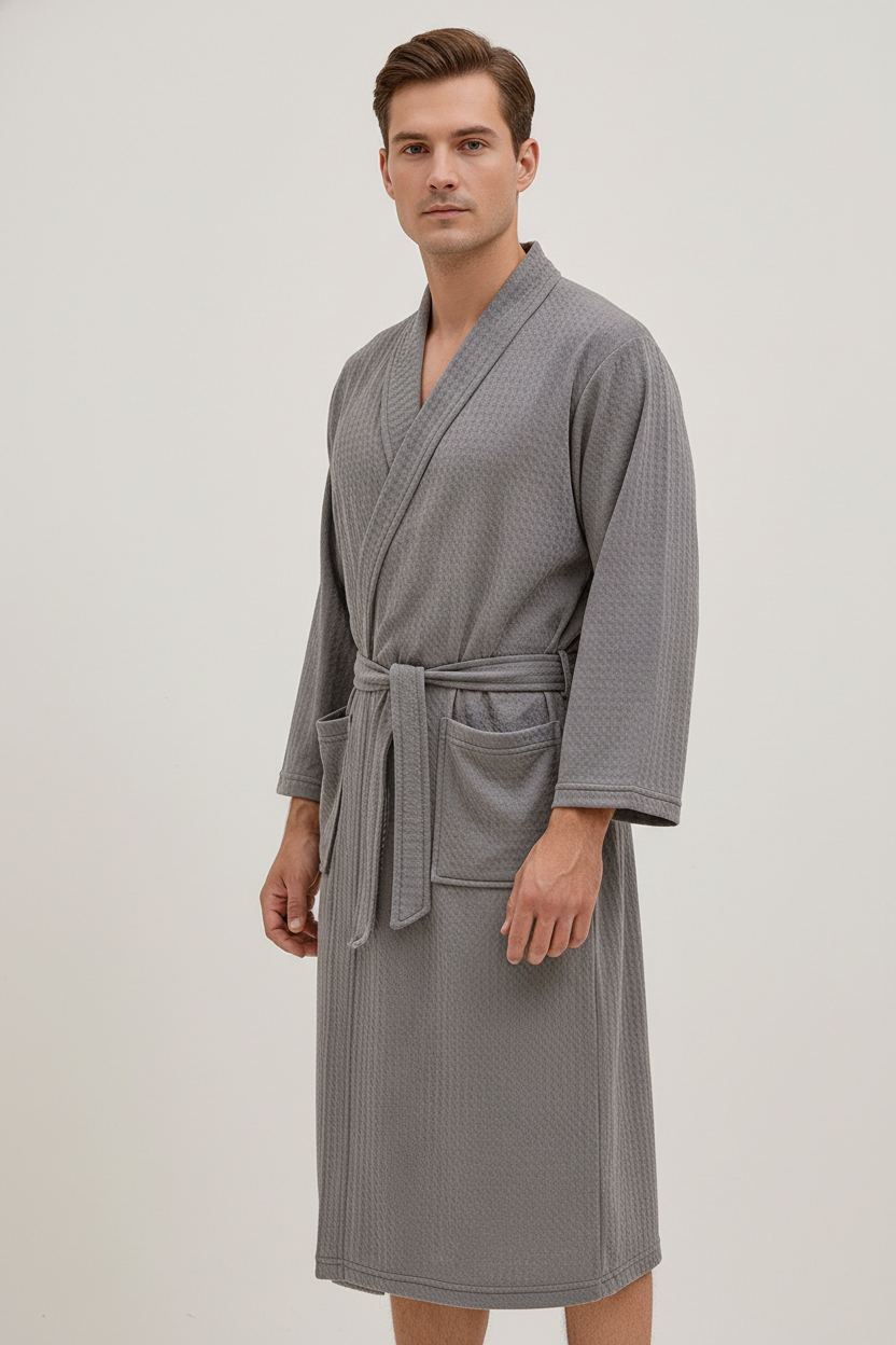 Robe de chambre gaufré homme en tissu éponge gris texturé à ceinture