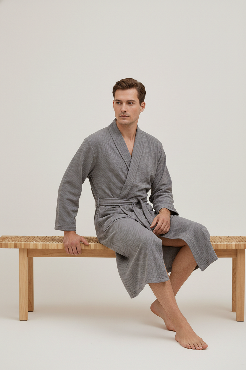 Robe de chambre gaufré homme grise texturée à ceinture et manches longues