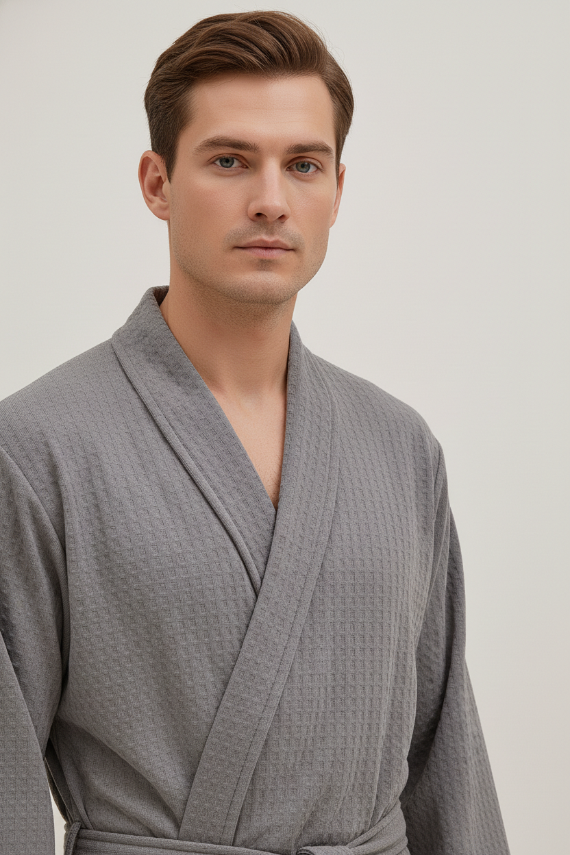 Robe de chambre gaufré homme gris texturé à ceinture