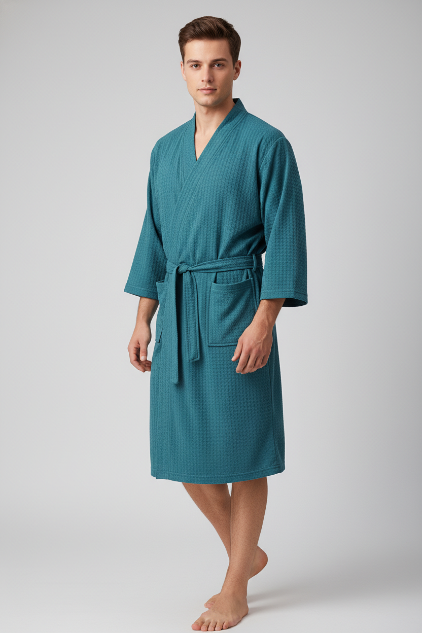 Robe de chambre gaufré homme teal texturé coton encolure V ceinture