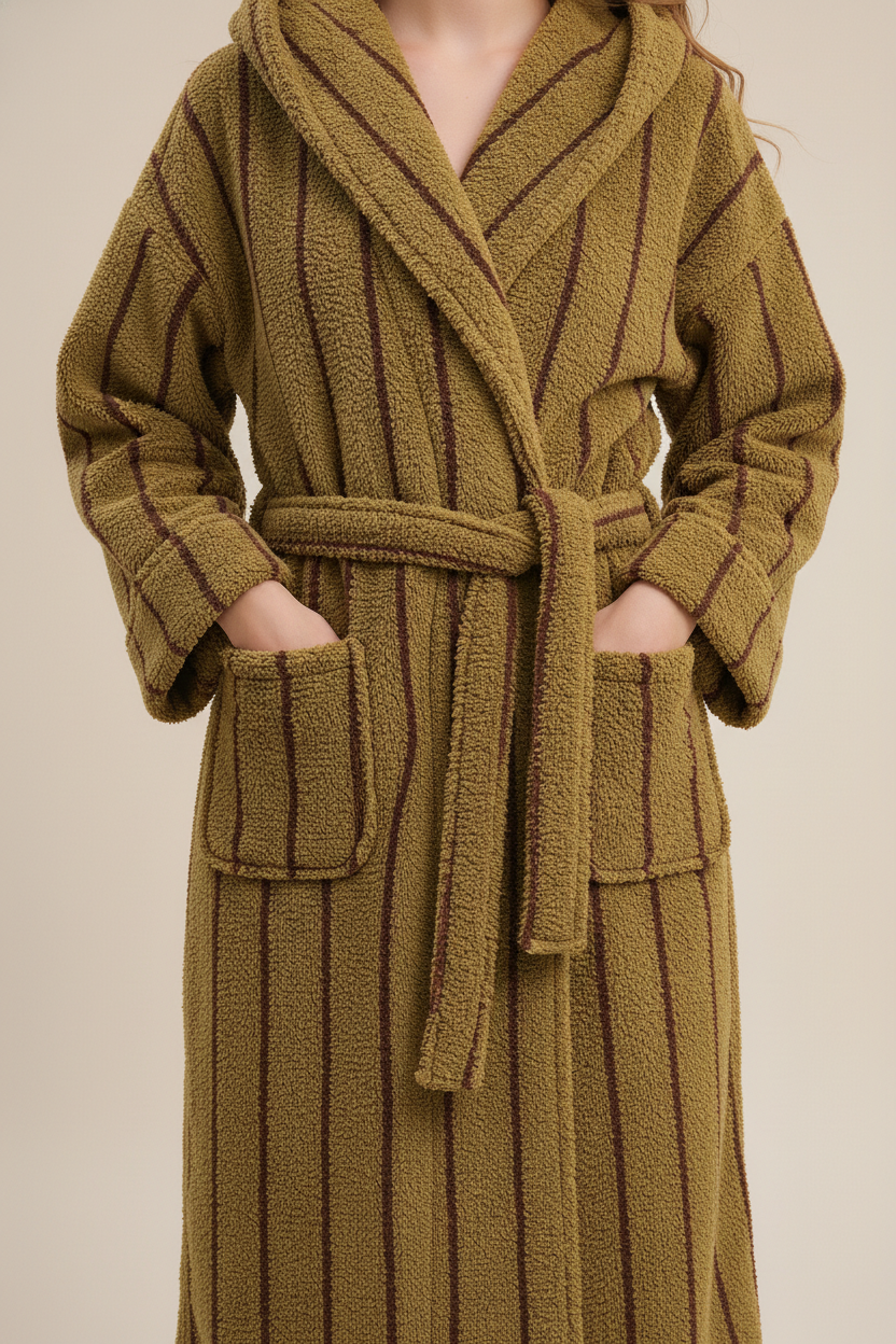 Robe de chambre hiver rayée olive et marron à capuche avec ceinture