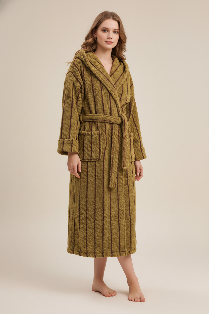 Robe de chambre hiver olive-vert à côtes verticales et ceinture