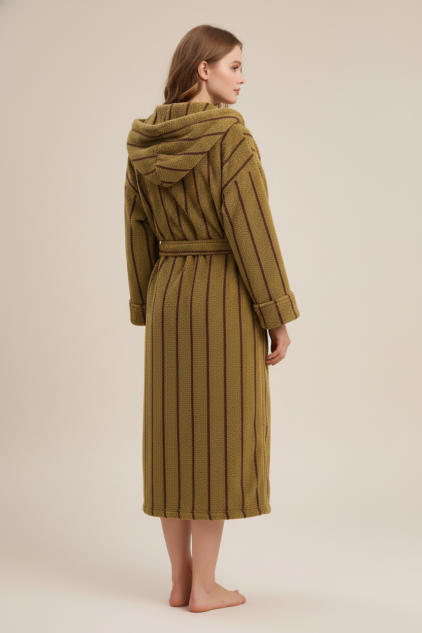 Robe de chambre hiver rayée olive à capuche en tricot côtelé