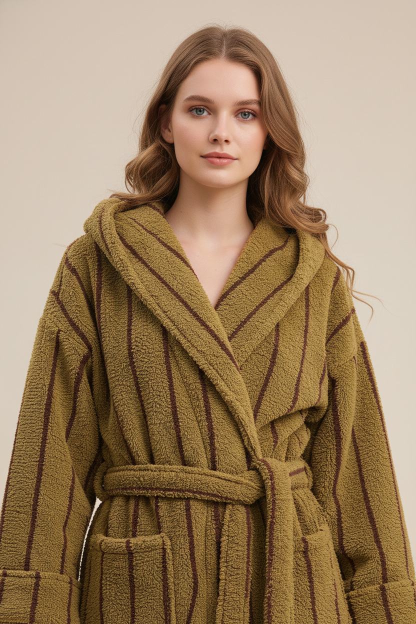 Robe de chambre hiver rayée olive à capuche et ceinture en tissu moelleux
