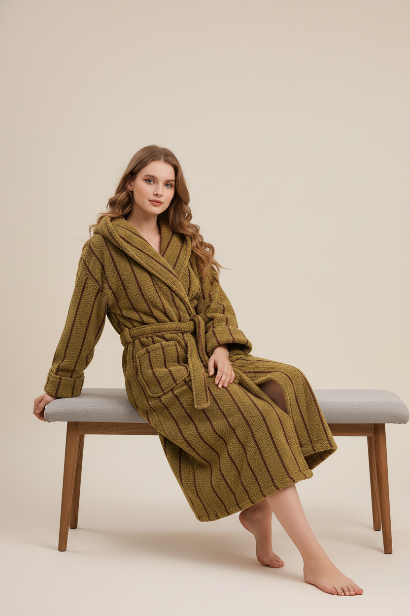 Robe de chambre hiver rayée olive en tissu éponge à capuche