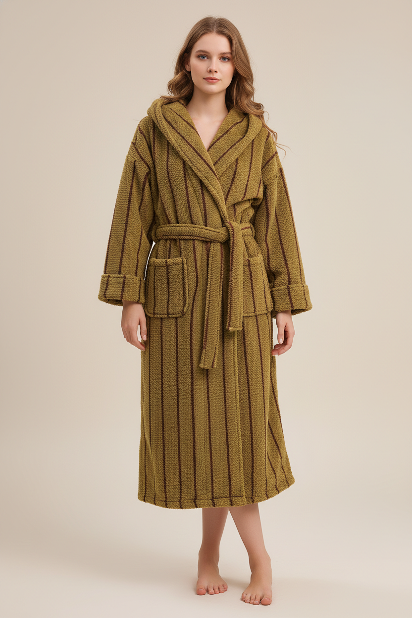 Robe de chambre hiver rayée olive à capuche et ceinture en tissu moelleux