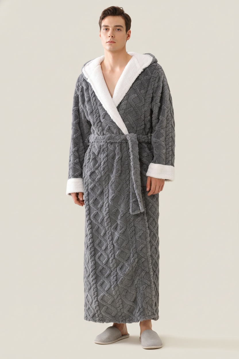 Robe de chambre homme grise tricot câble capuche fourrure blanche