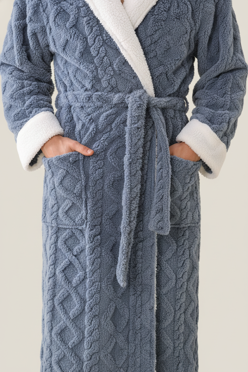 Robe de chambre homme bleue tricot câble avec doublure polaire blanche