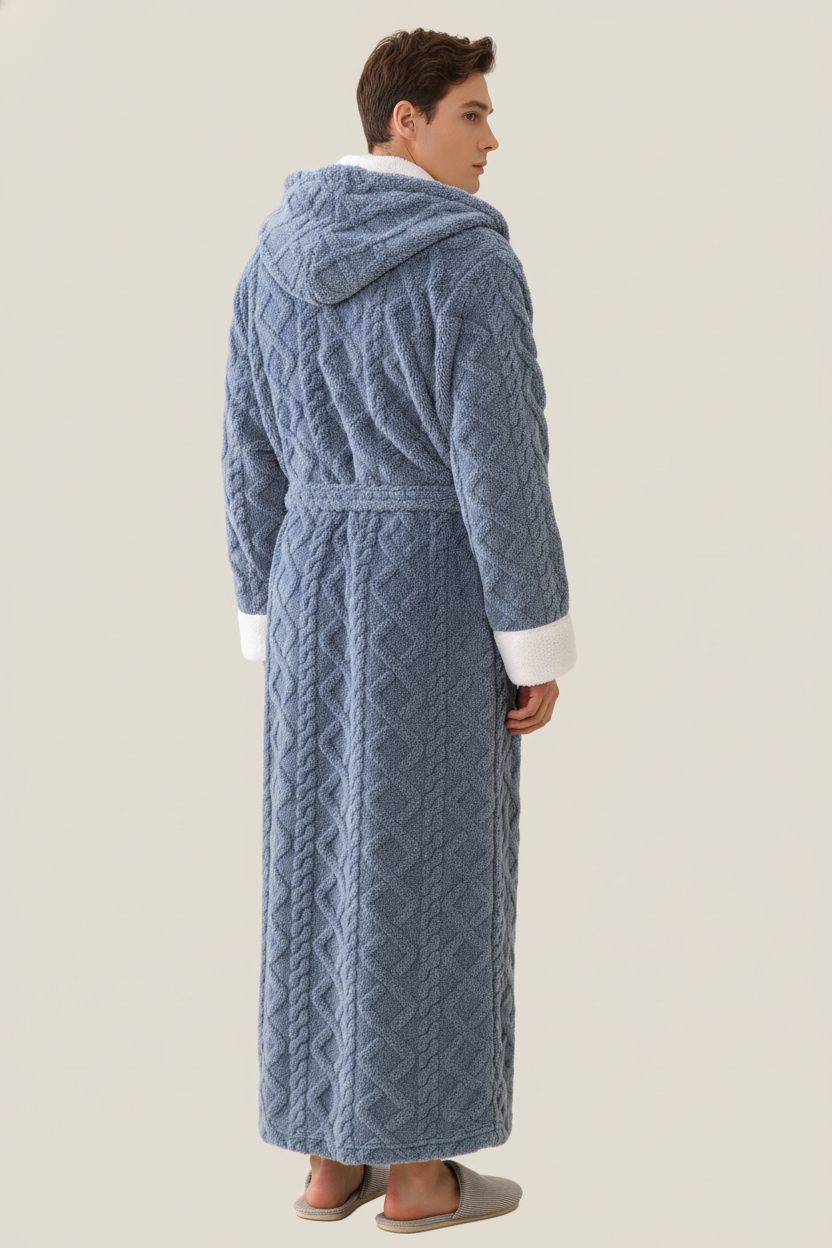 Robe de chambre homme bleue tricot câble capuche polaire douce