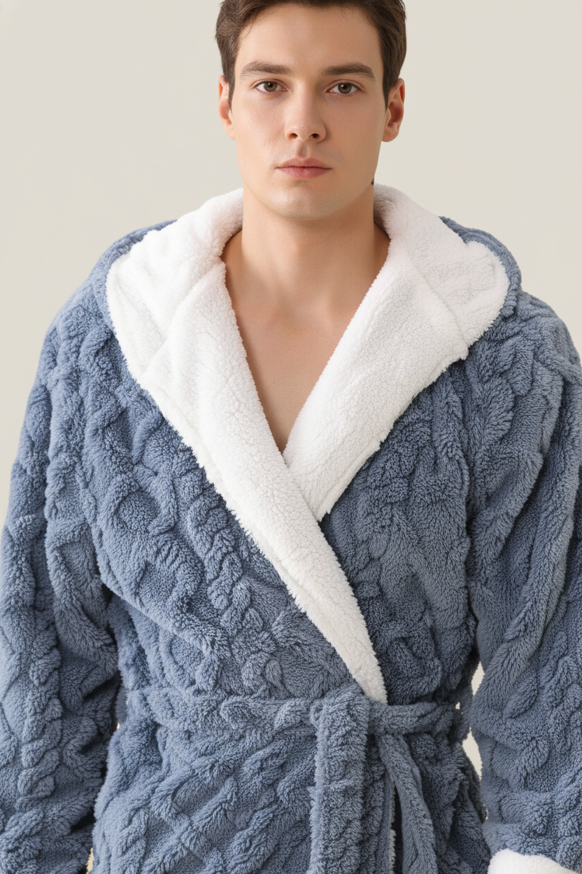 Robe de chambre homme bleu câble-knit avec doublure blanche moelleuse
