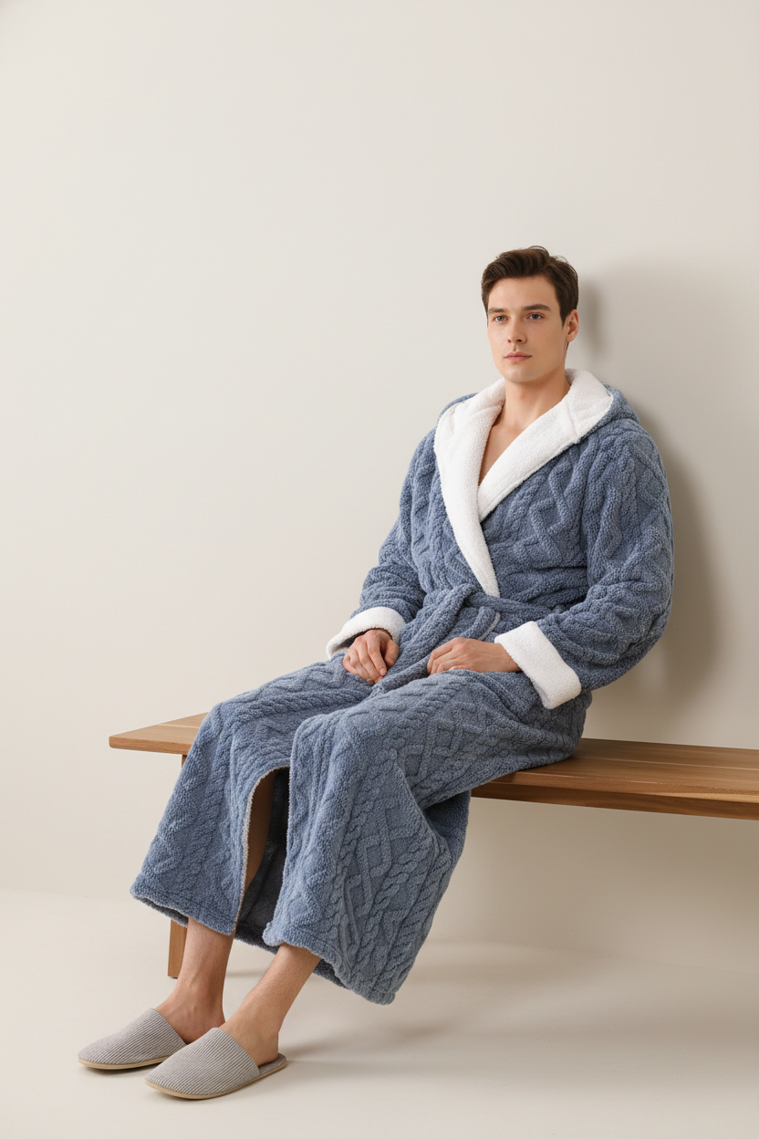 Robe de chambre homme bleue en plush avec doublure polaire blanche