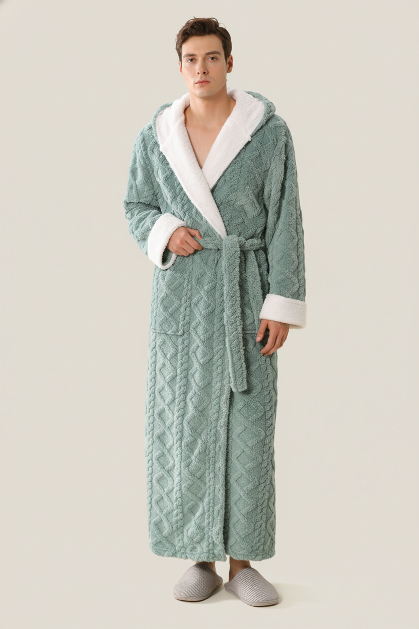 Robe de chambre homme capuche mint vert matelassée doublure polaire blanche
