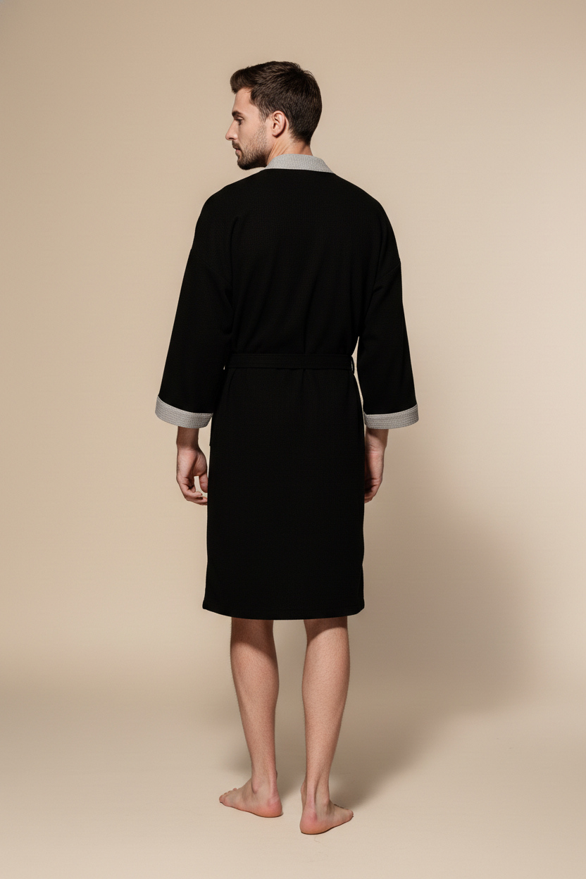 Robe de chambre homme grande taille noire aux bordures grises