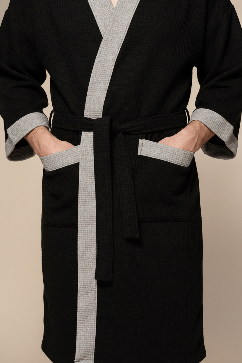 Robe de chambre homme grande taille noire avec liseré gris texturé
