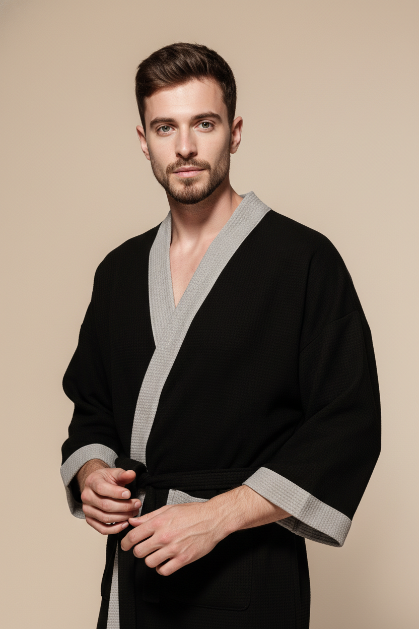 Robe de chambre homme grande taille noire à lisières grises et ceinture assortie