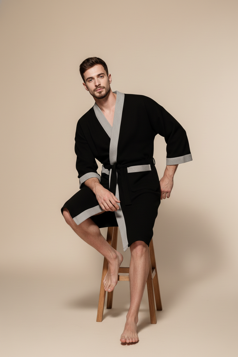 Robe de chambre homme grande taille noire et grise style kimono dos