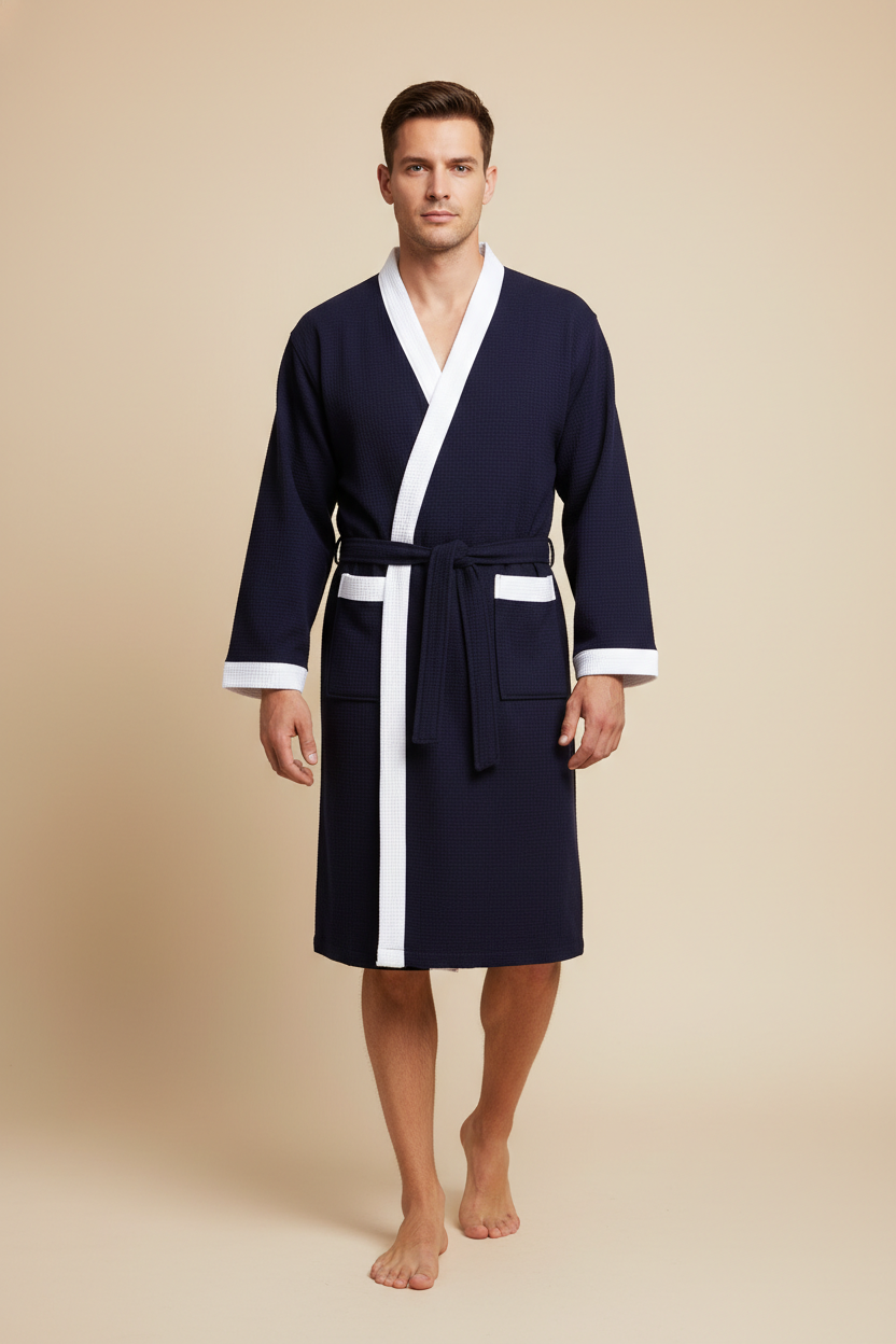 Robe de chambre homme grande taille bleu marine galon et ceinture blancs
