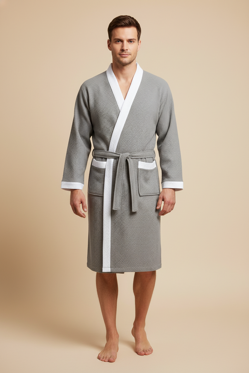 Robe de chambre homme grande taille en tricot gaufré gris à bordures blanches