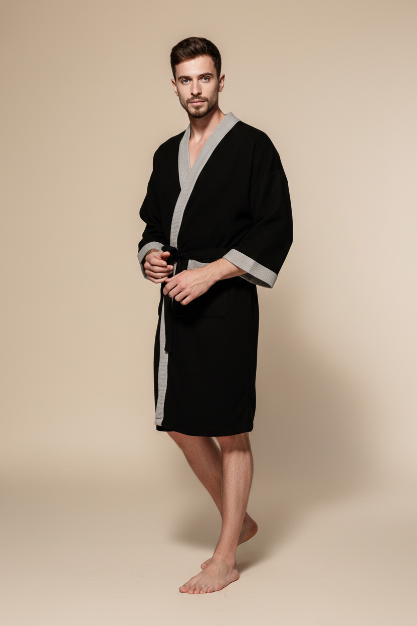 Robe de chambre homme grande taille noire à lisières grises et ceinture assortie