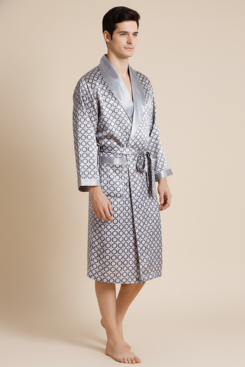 Robe de chambre homme satiné argenté à motif gris avec ceinture assortie
