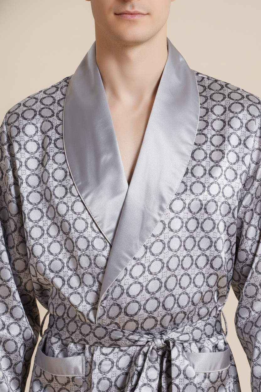 Robe de chambre homme satiné argenté à motif circulaire gris et blanc