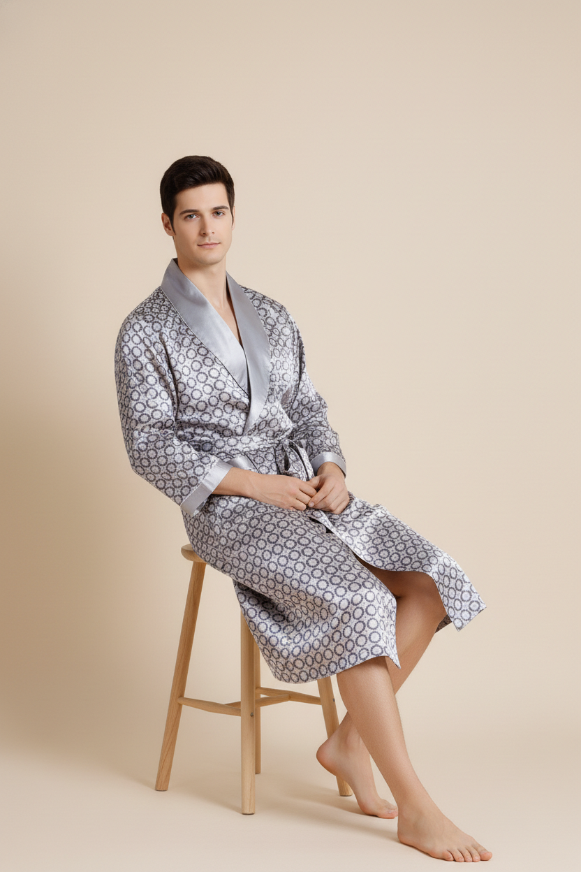 Robe de chambre homme satiné argenté à motifs gris et col en satin