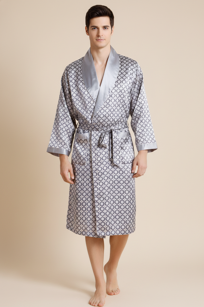 Robe de chambre homme satiné argenté à motif gris et satin