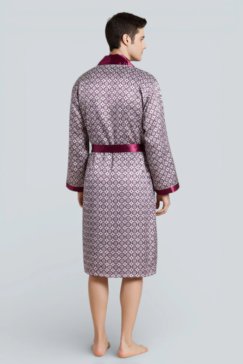 Robe de chambre homme satiné Santorin lavande à motif circulaire bordeaux