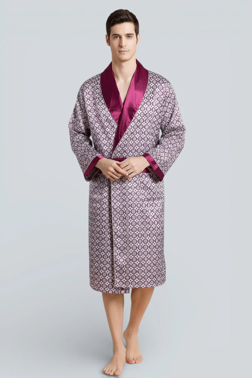 Robe de chambre homme satiné Santorin à motif géométrique violet et gris