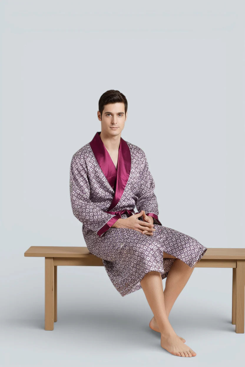Robe de chambre homme satiné Santorin, homme en robe de soie à motif bordée satin bordeaux