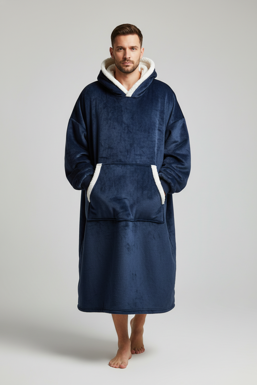 Robe de chambre homme navy blue à capuche doublée polaire blanche