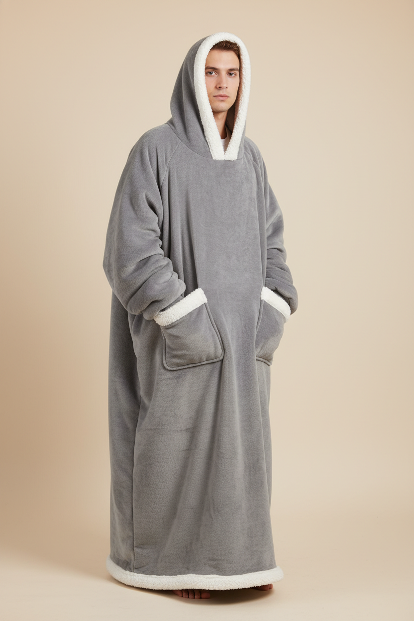 Robe de chambre homme grise en plush avec bordure polaire blanche