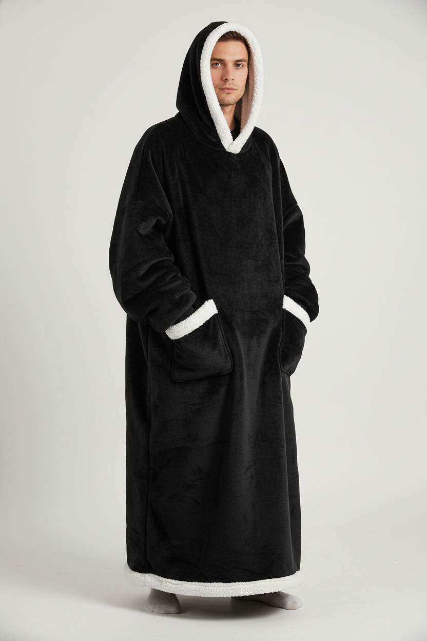 Robe de chambre homme noire en plush à capuche avec bordure polaire blanche